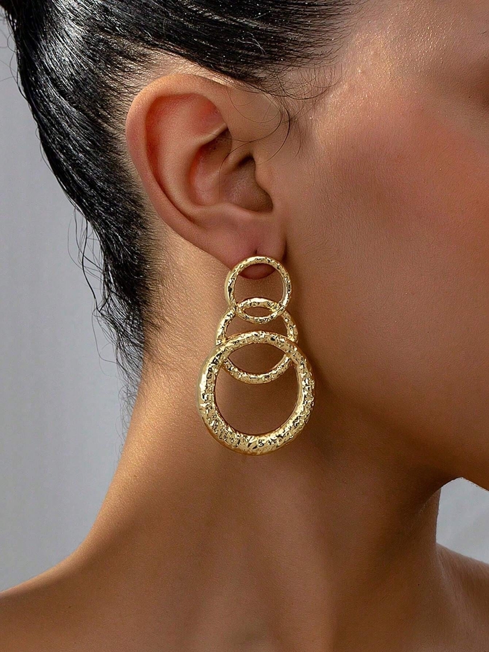 Gold Triple Hoop Textured Dangle Earrings - Women Jewelry